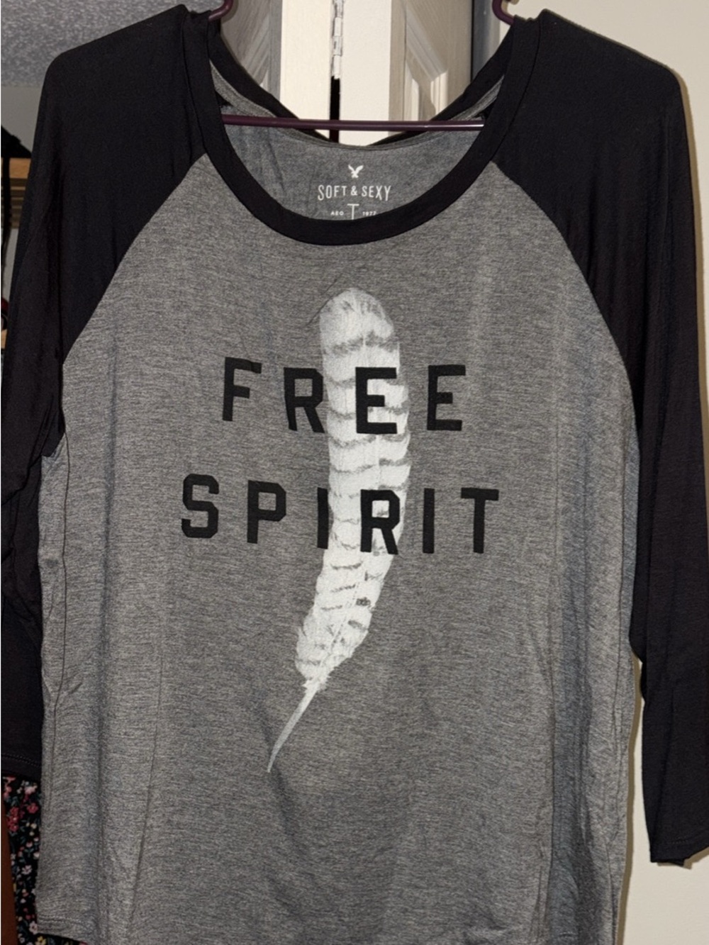 American Eagle Outfitters Grey and Black Raglan 'Free Spirit' Tee
